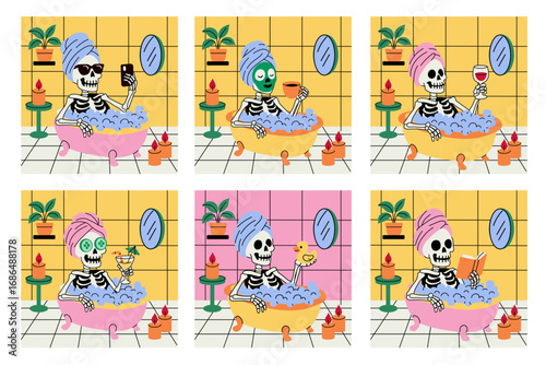 Quirky Skeleton Relaxing in Bubble Bath Scenes