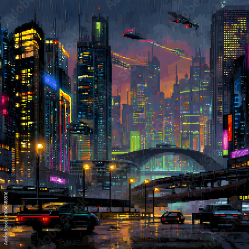 Futuristic Pixel Art Cityscape with Neon Lights Amidst Rainy Night Scene