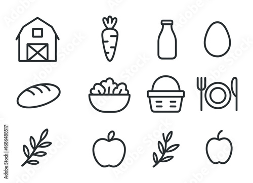 Farm-to-Table Icons. Outline icon set of farm-to-table dining: barn, carrot, milk bottle, egg, loaf of bread,