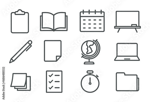 Lesson Planning Icons. Outline icon set of teacher’s lesson planning: clipboard, open book, calendar,