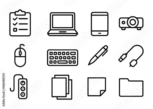 Tech Equipment Icons. Outline icon set of technology equipment audit: clipboard, checklist, laptop, tablet,