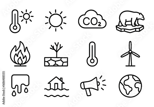 Global Warming Icons. Outline icon set of global warming: rising temperature, sun icon, CO2 cloud, polar bear