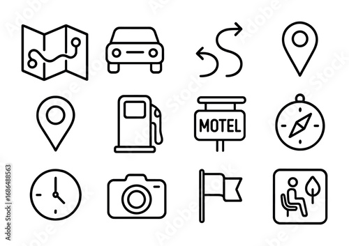 Road Trip Icons. Outline icon set of road trip route: folded map, car icon, route arrows, location pin, stop