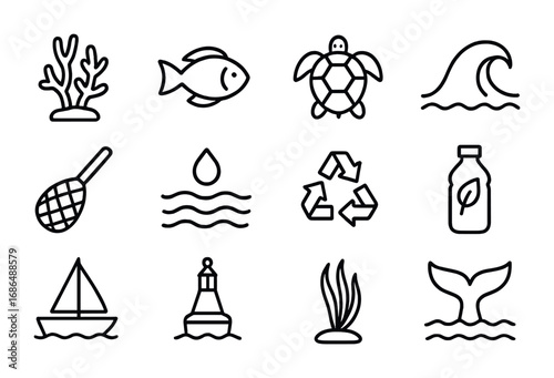 Ocean Conservation Icons. Outline icon set of ocean conservation: coral reef, fish icon, sea turtle, wave icon