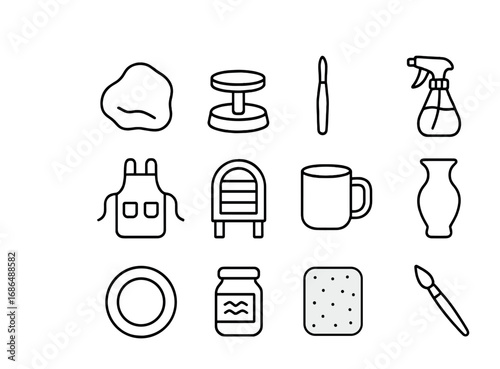 Pottery Icon Collection. Outline icon set of pottery making: clay lump, pottery wheel, sculpting tool, water