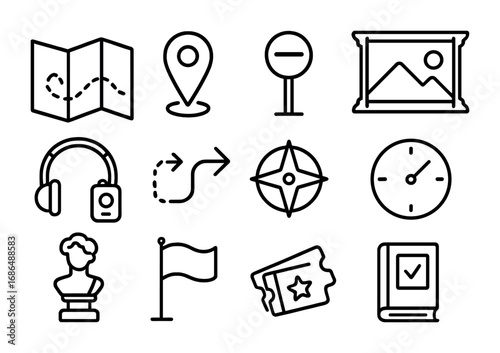 Museum Tour Icons. Outline icon set of guided museum tour route: map, location pin, stop marker, artwork icon,