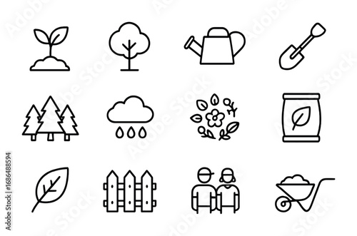 Reforestation Icons Grid. Outline icon set of reforestation projects: seedling, tree icon, watering can,