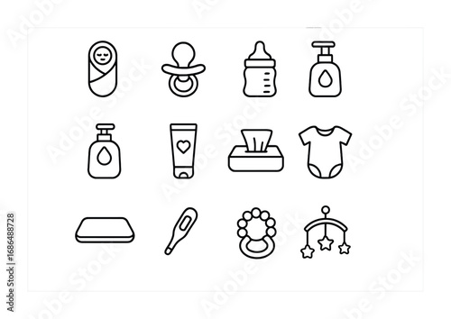 Newborn Care Essentials. Outline icon set of newborn care essentials: swaddle, pacifier, feeding bottle, baby