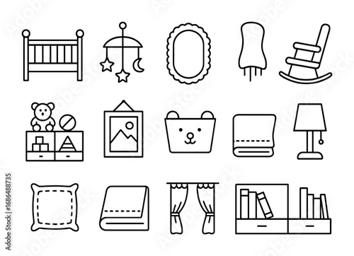 Baby Room Icons. Outline icon set of baby room décor: crib, mobile, rug, rocking chair, toy shelf, wall art,
