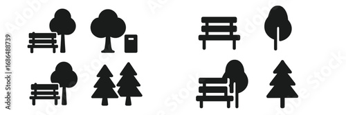Stylish black silhouette designs of trees and benches in a park setting suitable for modern decor
