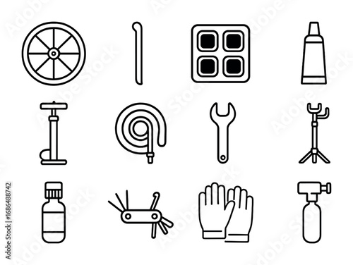 Flat Tire Repair Icons. Outline icon set of bicycle flat tire repair: bicycle wheel, tire lever, patch kit,