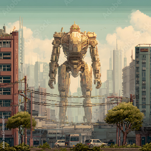 Majestic Pixel Art of a Giant Robot Towering Over a Futuristic Cityscape with Vibrant Skyscrapers