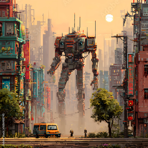 Futuristic Pixel Art Depicting a Giant Robot in a Vibrant City Landscape at Sunset