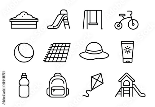 Outdoor Playtime Icons. Outline icon set of outdoor playtime: sandbox, slide, swing, tricycle, ball, picnic