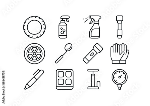 Puncture Detection Tools Icons. Outline icon set of puncture detection tools: tire, soapy water bottle, spray