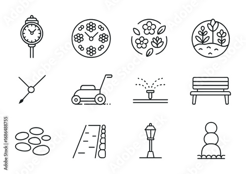 Floral Clock Icon Set. Outline icon set of floral clock displays: garden clock, flower bed face, colorful