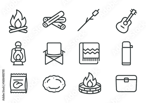 Beach Bonfire Icons. Outline icon set of evening beach bonfires: campfire, driftwood logs, marshmallow stick,