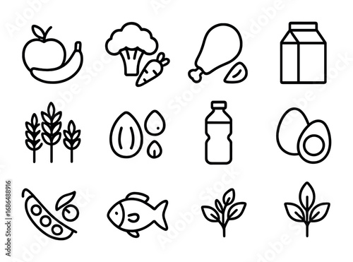 Balanced Diet Icons. Outline icon set of Balanced diet essentials: fruits, vegetables, lean meat, dairy,