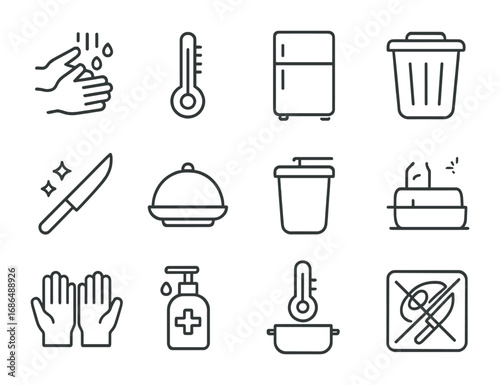 Food Safety Icons. Outline icon set of Food safety and hygiene: washing hands, thermometer, fridge, clean