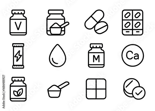 Nutritional Supplements Icons. Outline icon set of Nutritional supplements: vitamin bottle, protein powder,