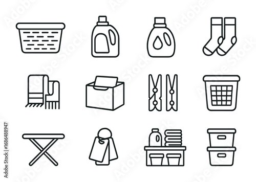 Laundry Room Icons. Outline icon set of Laundry room baskets: wicker basket, detergent, fabric softener, socks