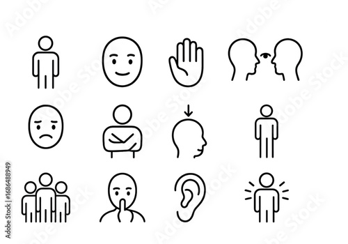 Nonverbal Communication Icons. Outline icon set of Nonverbal communication: body language, facial expression,