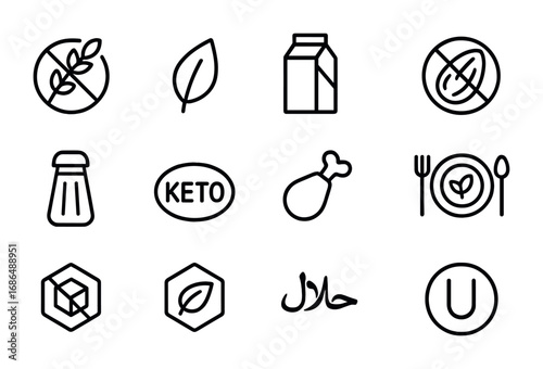 Dietary Icons Grid. Outline icon set of Dietary restrictions and preferences: gluten-free symbol, vegan leaf,
