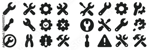 Collection of assorted tool icons featuring wrenches, gears, and screwdrivers in a simple black design for various applications