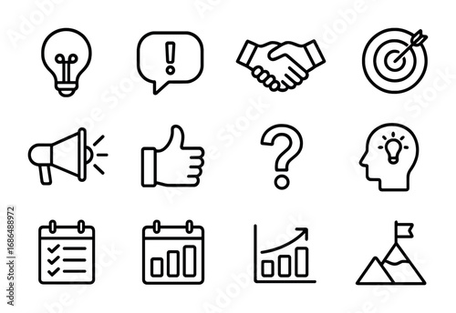 Persuasive Icon Grid. Outline icon set of Persuasive conversations: light bulb, speech bubble with exclamation