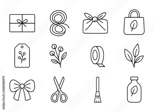 Eco Gift Icons. Outline icon set of Eco-friendly gift wrapping: recycled paper, jute twine, fabric wrap,