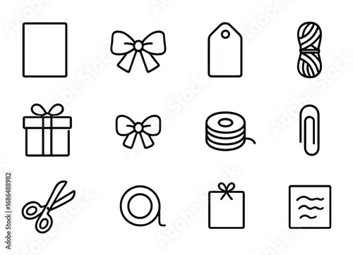 Minimalist Gift Wrapping Icons. Outline icon set of Minimalist gift wrapping: plain paper, simple ribbon,