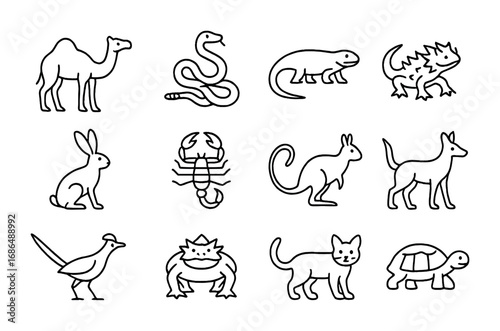 Desert Animals Icons. Outline icon set of Desert animals: camel, sidewinder rattlesnake, Gila monster, thorny