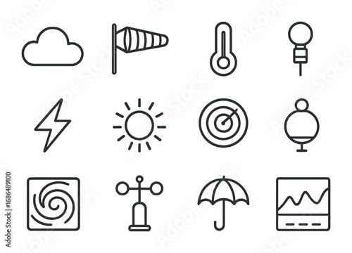 Launch Day Weather Icons. Outline icon set of launch day weather monitoring: cloud, wind sock, thermometer,