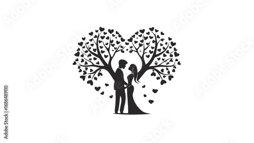 Elegant couple embraces under a heart-shaped tree symbolizing everlasting love and commitment.
