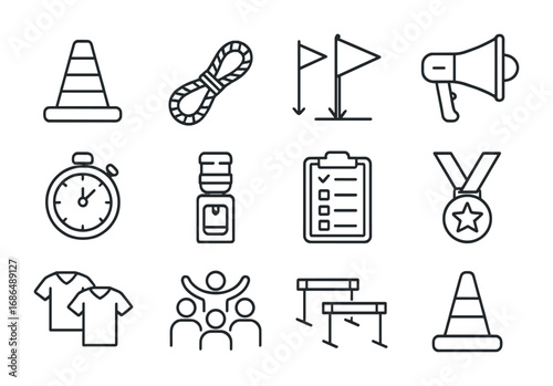 Team Building Icons. Outline icon set of team building outdoor exercises: cones, ropes, flags, megaphone,