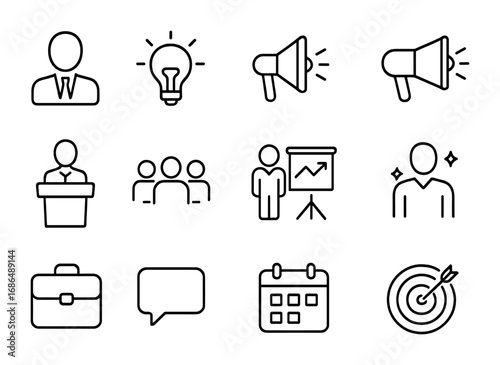 Leadership Icon Set. Outline icon set of leadership and influence: CEO figure, light bulb idea, megaphone,