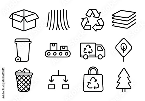 Paper Recycling Icons. Outline icon set of paper and cardboard recycling: cardboard box, shredded paper,