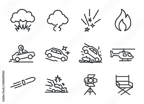 Hollywood Action Icons. Outline icon set of Hollywood action visuals: explosion, smoke, sparks, stunt driver,