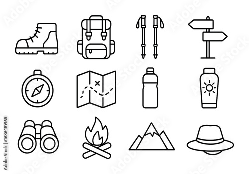 Hiking Adventure Icons. Outline icon set of group hiking adventure: hiking boots, backpacks, walking sticks,