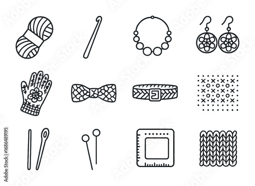 Crochet Accessory Icons. Outline icon set of handmade crochet accessories: yarn skein, crochet hook, necklace,
