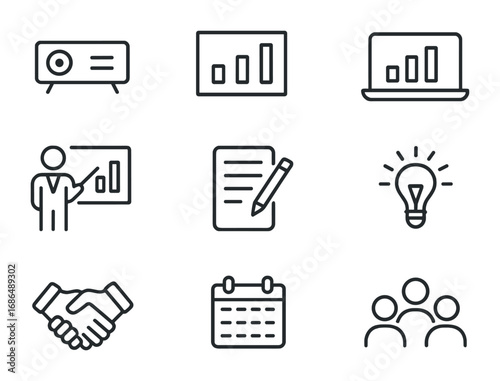 Client Presentation Icons. Outline icon set of client presentations: projector, charts, laptop, pointer, notes