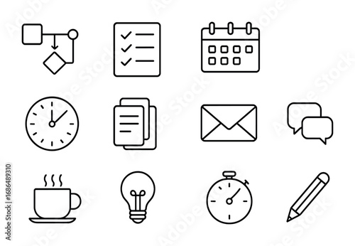Creative Workflow Icons. Outline icon set of creative workflow: workflow chart, checklist, calendar, laptop,
