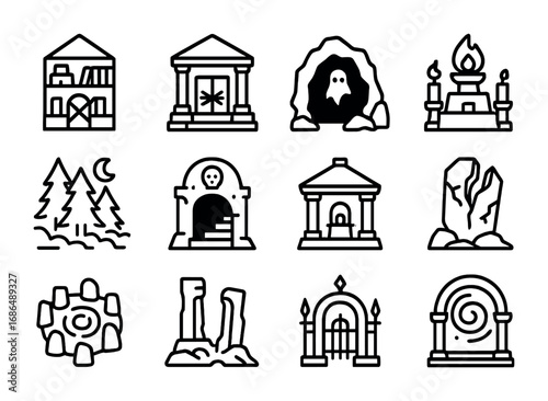Ancient Forbidden Icons. Outline icon set of ancient forbidden places: cursed library, sealed temple, shadowed