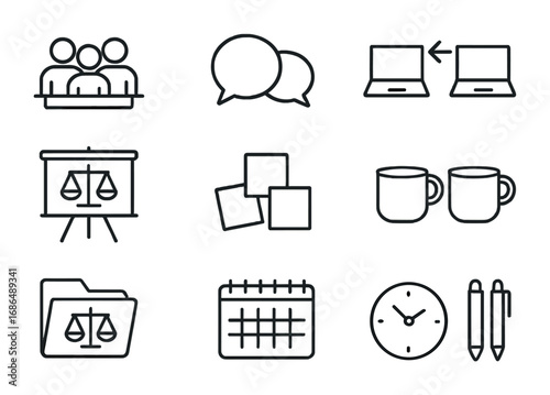 Legal Team Icons. Outline icon set of legal team collaboration: group meeting, speech bubbles, laptop sharing,