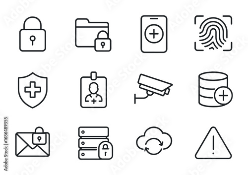 Patient Data Protection Icons. Outline icon set of patient data protection: padlock, confidential file,