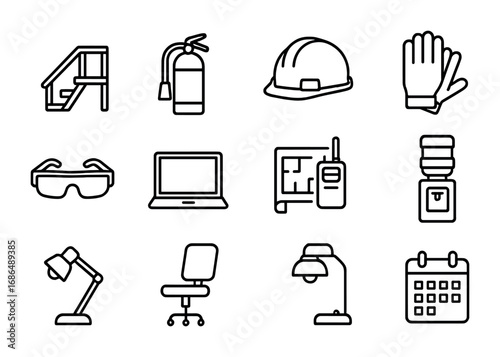 Construction Essentials Icons. Outline icon set of construction trailer essentials: trailer steps, fire