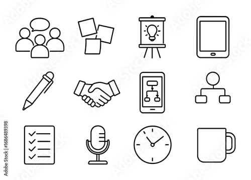 Team Collaboration Icons. Outline icon set of team collaboration and idea sharing: group discussion, sticky