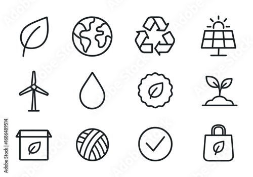 Eco Icons Grid. Outline icon set of environmental product marks: leaf, earth, recycle symbol, solar panel,