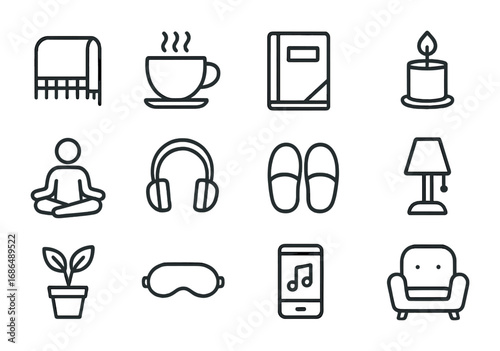 Calming Evening Icons. Outline icon set of calming evening routines: warm blanket, tea cup, journal, candle,