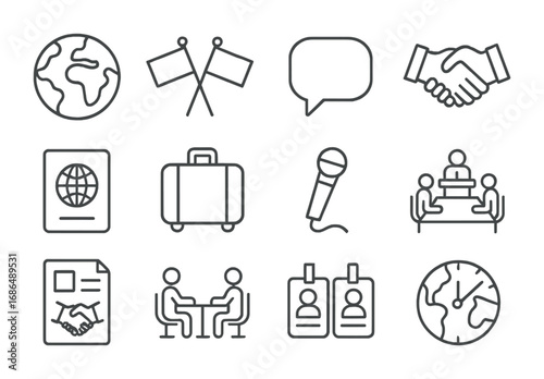 Global Trade Icons. Outline icon set of global trade meetings: earth, flags, speech bubble, handshake,